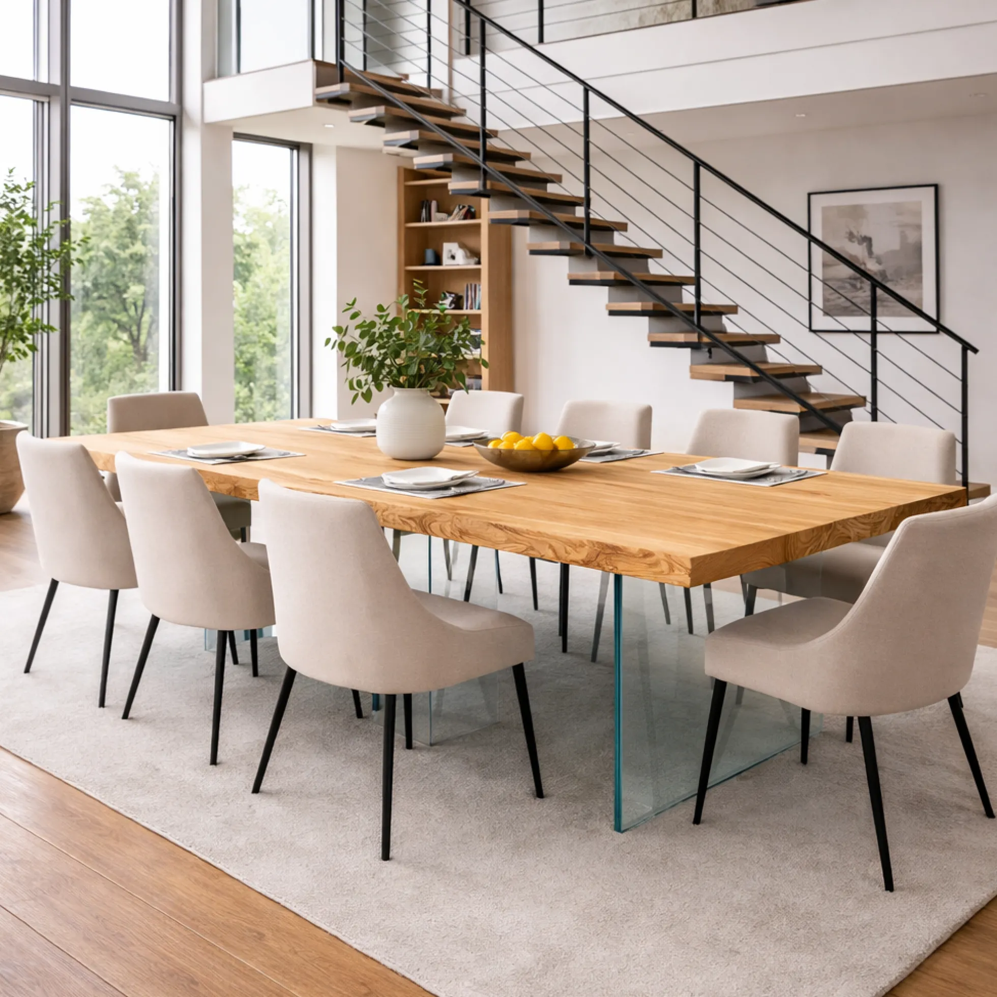 Table extensible chêne huilé bords naturels pieds verre 200 cm PALERME