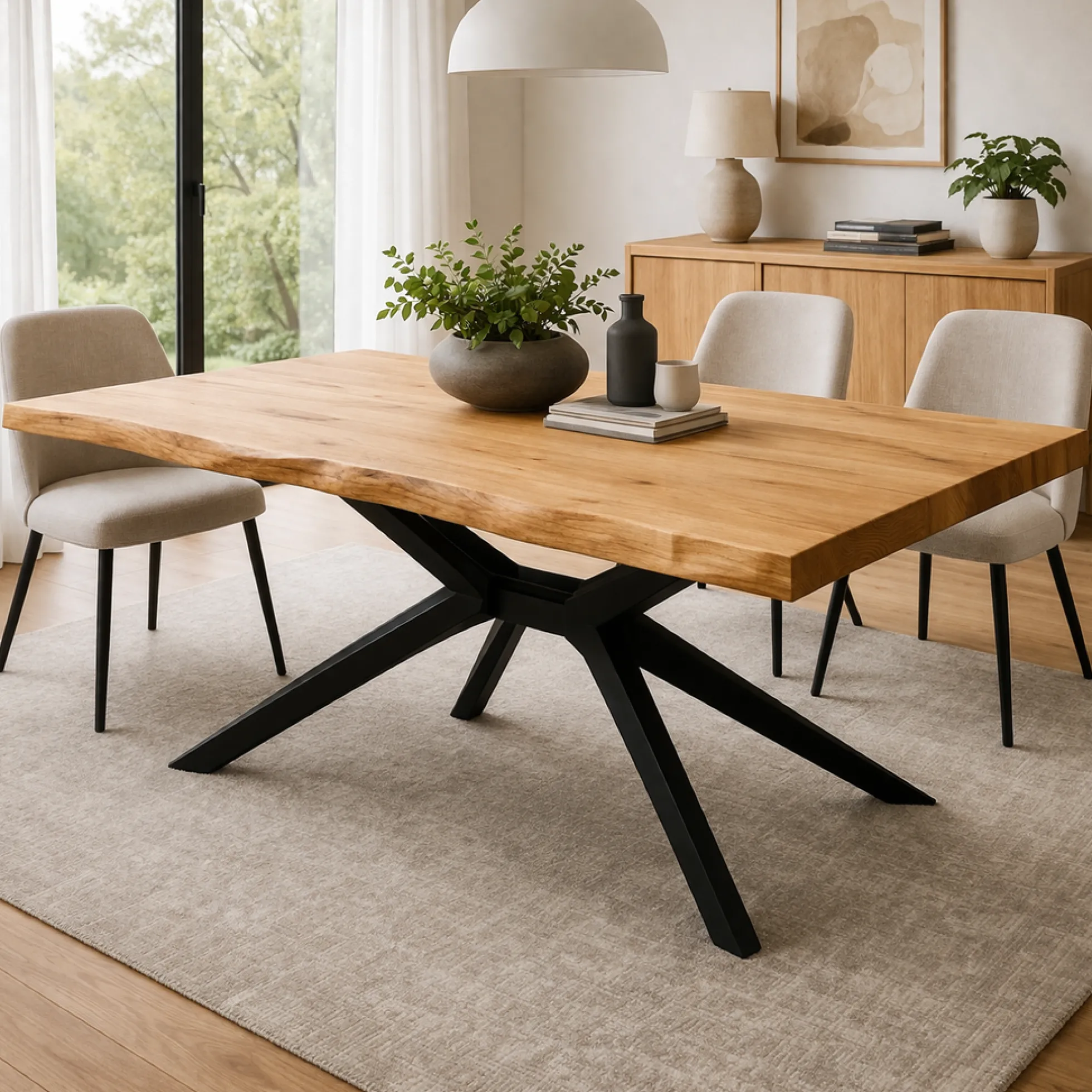 Table extensible chêne huilé bords naturels pied graphique 180 cm PALERME