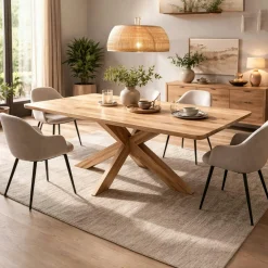 Table extensible chêne huilé bords biseautés pied bois 220 cm PALERME
