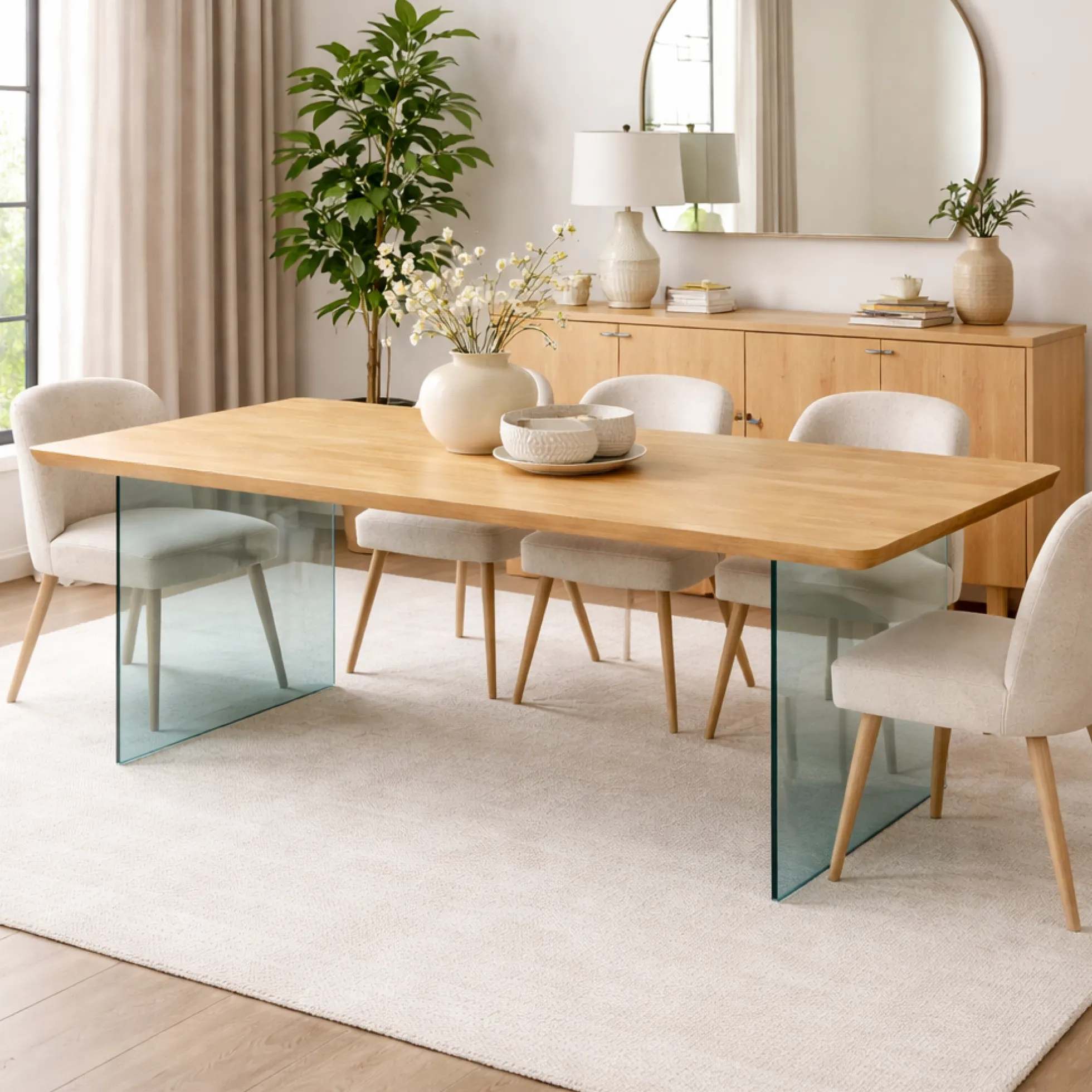 Table extensible chêne huilé bords biseautés pieds verre 200 cm PALERME
