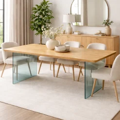 Table extensible chêne huilé bords biseautés pieds verre 240 cm PALERME