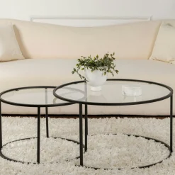 Table gigogne en verre - cadre noir (lot de 2) ⌀80 cm TULUM