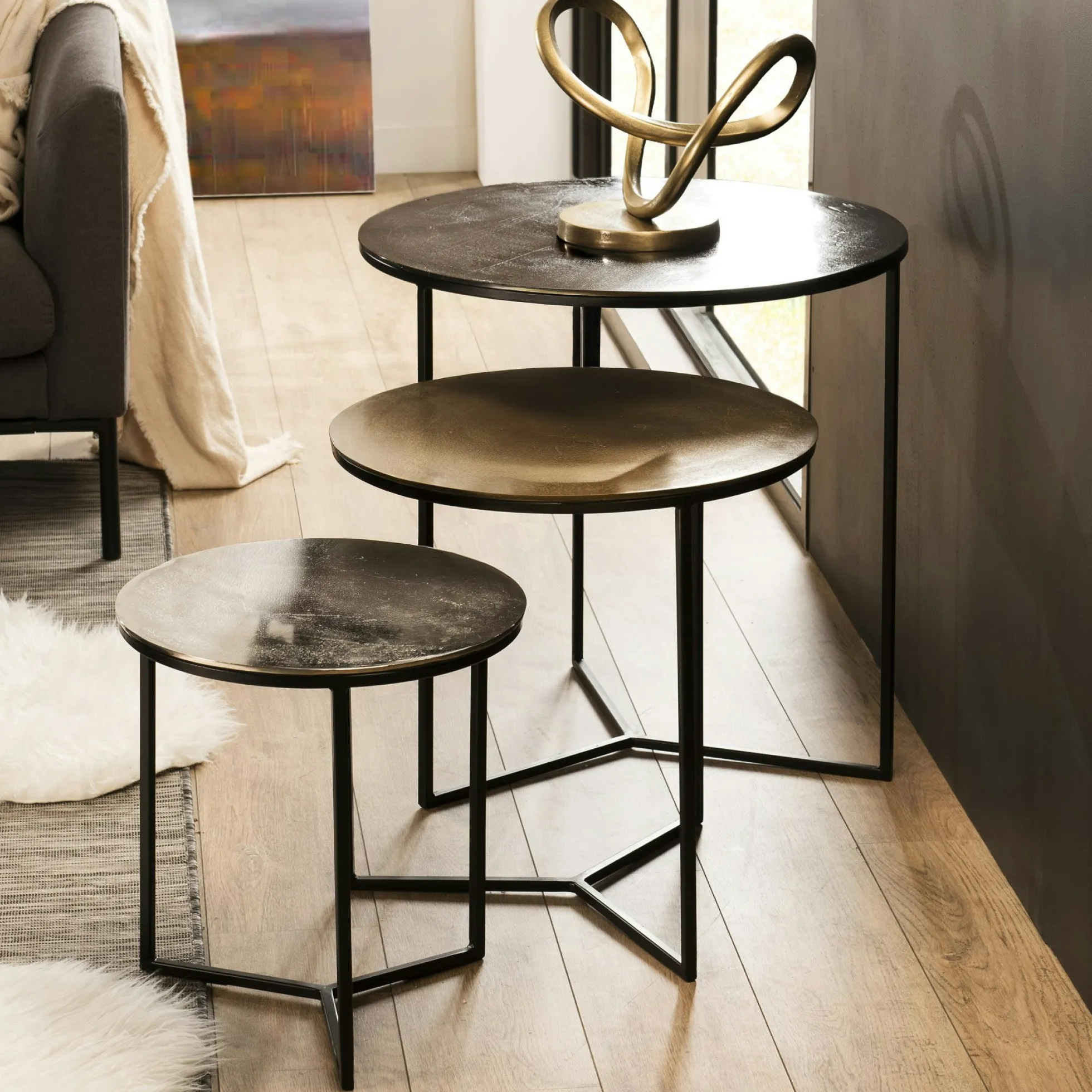 Table gigogne ronde noir or argent (lot de 3) ZALA