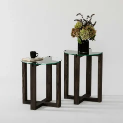 Table gigogne ronde - verre et bois gris (lot de 2) ANZIO