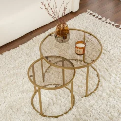 Table gigogne verre ambré - cadre doré (lot de 2) ⌀60 cm TULUM