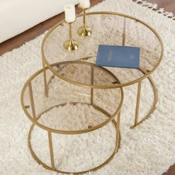 Table gigogne verre ambré - cadre doré (lot de 2) ⌀80 cm TULUM