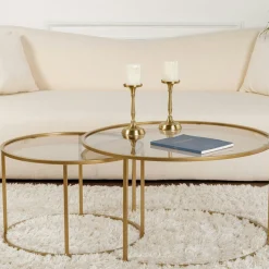 Table gigogne verre ambré - cadre doré (lot de 2) ⌀80 cm TULUM