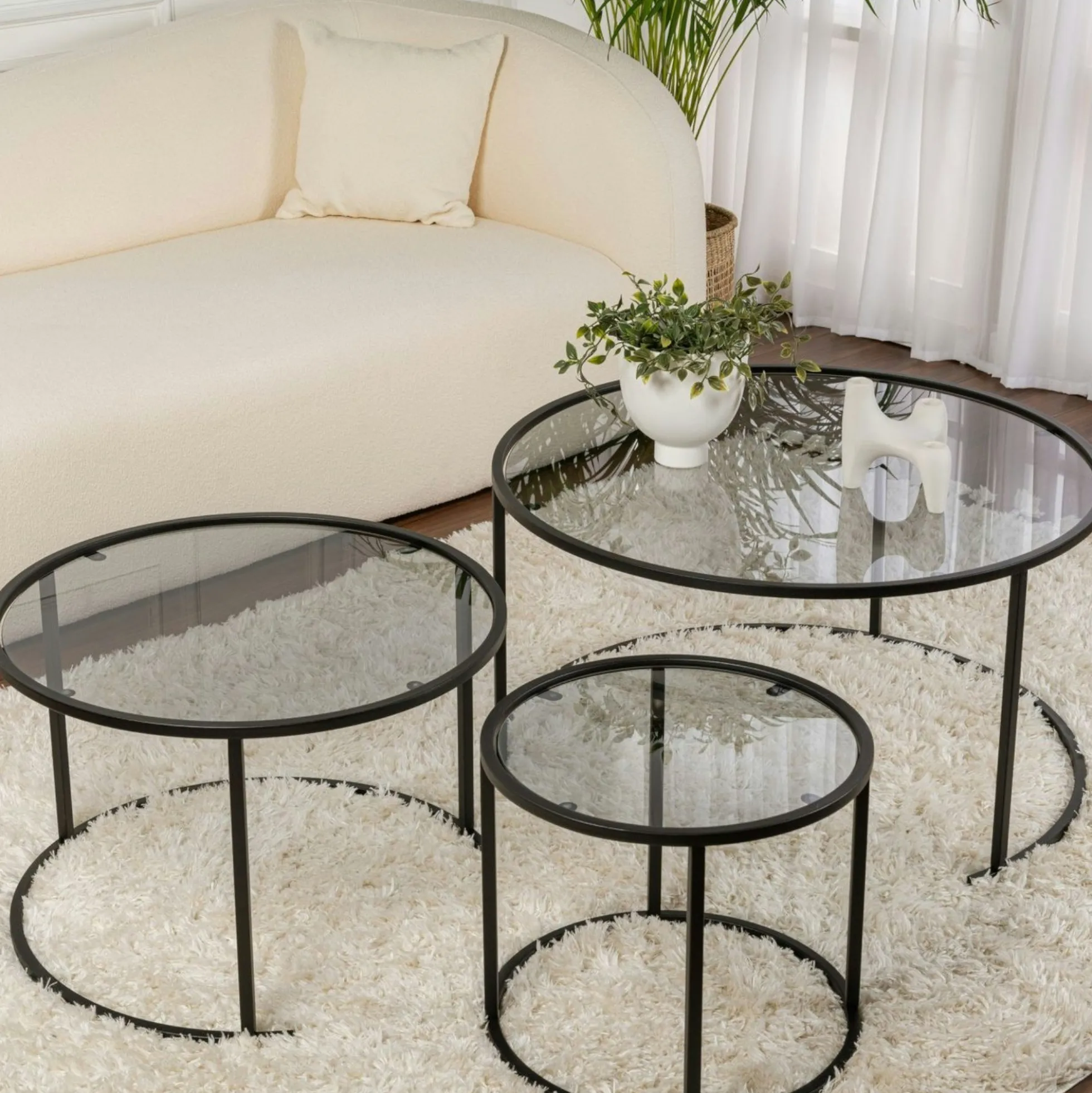 Table gigogne verre fumé - cadre noir (lot de 3) ⌀80 cm TULUM