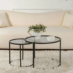 Table gigogne verre fumé - cadre noir (lot de 2) ⌀60 cm TULUM