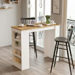 Table haute blanche cuisine avec plateau effet bois MARFA