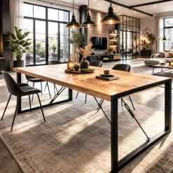 Table à manger bois clair à tendeurs noirs 160 cm MILORA