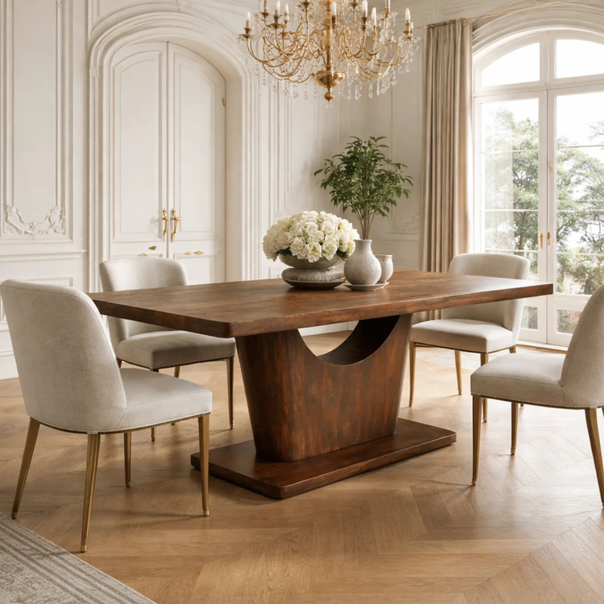 Table à manger bois foncé pied central ouvert 200 cm ARCANA
