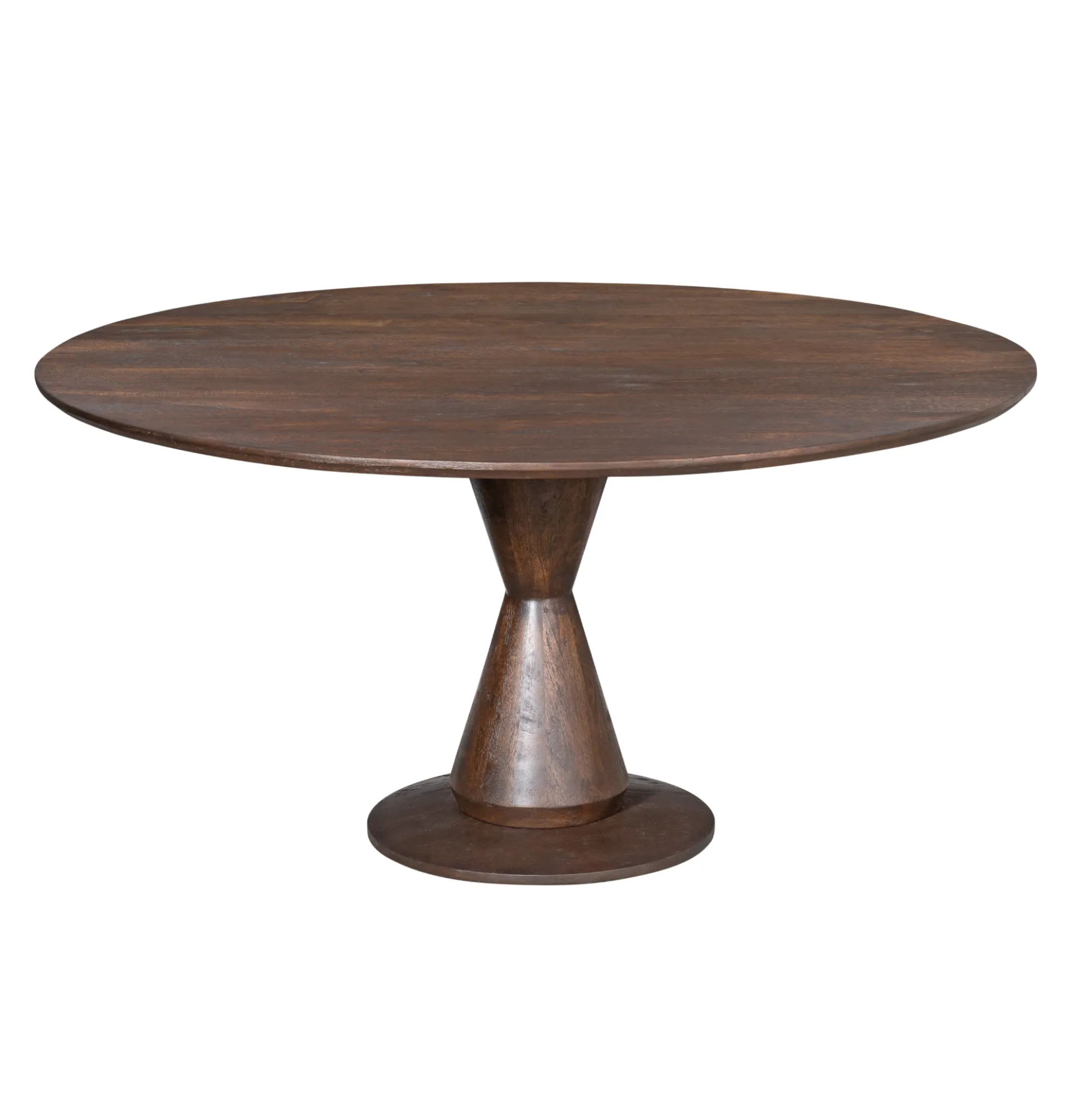 Table à manger bois foncé pied central sculpté Ø130 cm ALMA