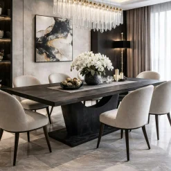 Table à manger bois noir pied central ouvert 200 cm ARCANA