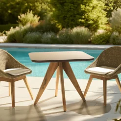 Table à manger carrée 90 cm effet béton marron pied bois d'acacia CALVI