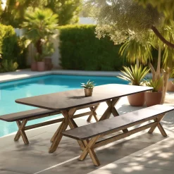 Table à manger 240 cm effet béton marron pieds en bois d'acacia CALVI