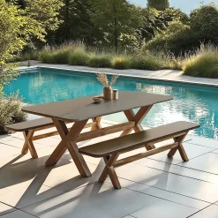 Table à manger 200 cm effet béton marron pied en bois d'acacia CALVI