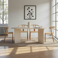 Table à manger moderne blanche effet bois pieds en V 180 cm MARFA