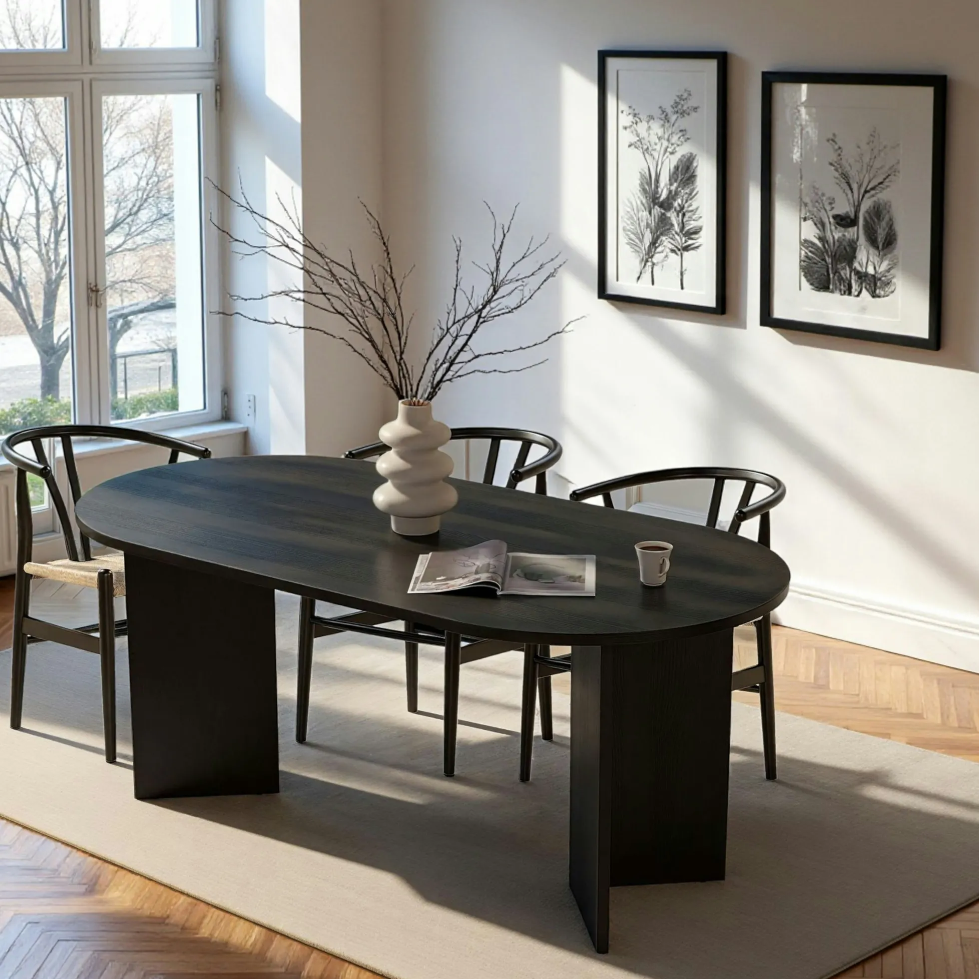 Table à manger ovale effet bois noir pieds en V 200 cm MARFA