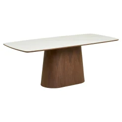 Table à manger plateau céramique aspect travertin 200 cm, pied bois foncé PRATO
