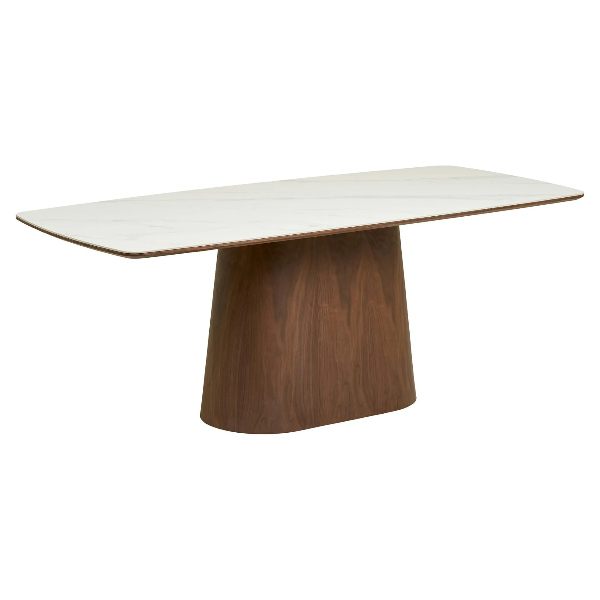 Table à manger plateau céramique aspect travertin 200 cm, pied bois foncé PRATO