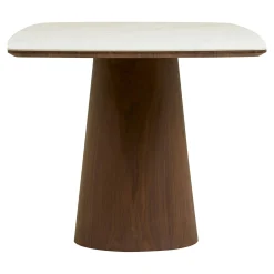 Table à manger plateau céramique aspect travertin 200 cm, pied bois foncé PRATO