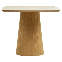 Table à manger plateau céramique aspect travertin 200 cm, pied bois clair PRATO