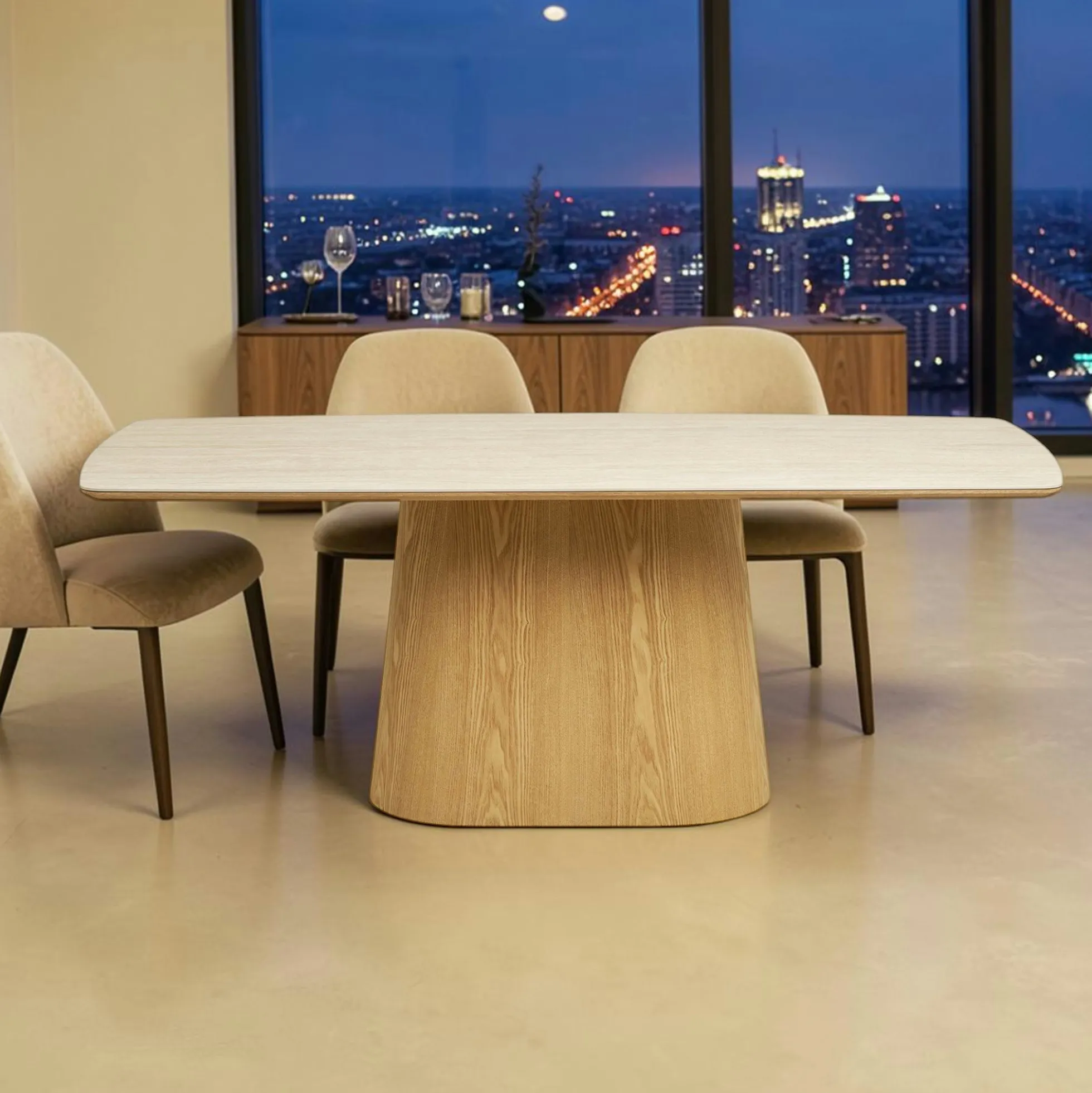 Table à manger plateau céramique aspect travertin 200 cm, pied bois clair PRATO