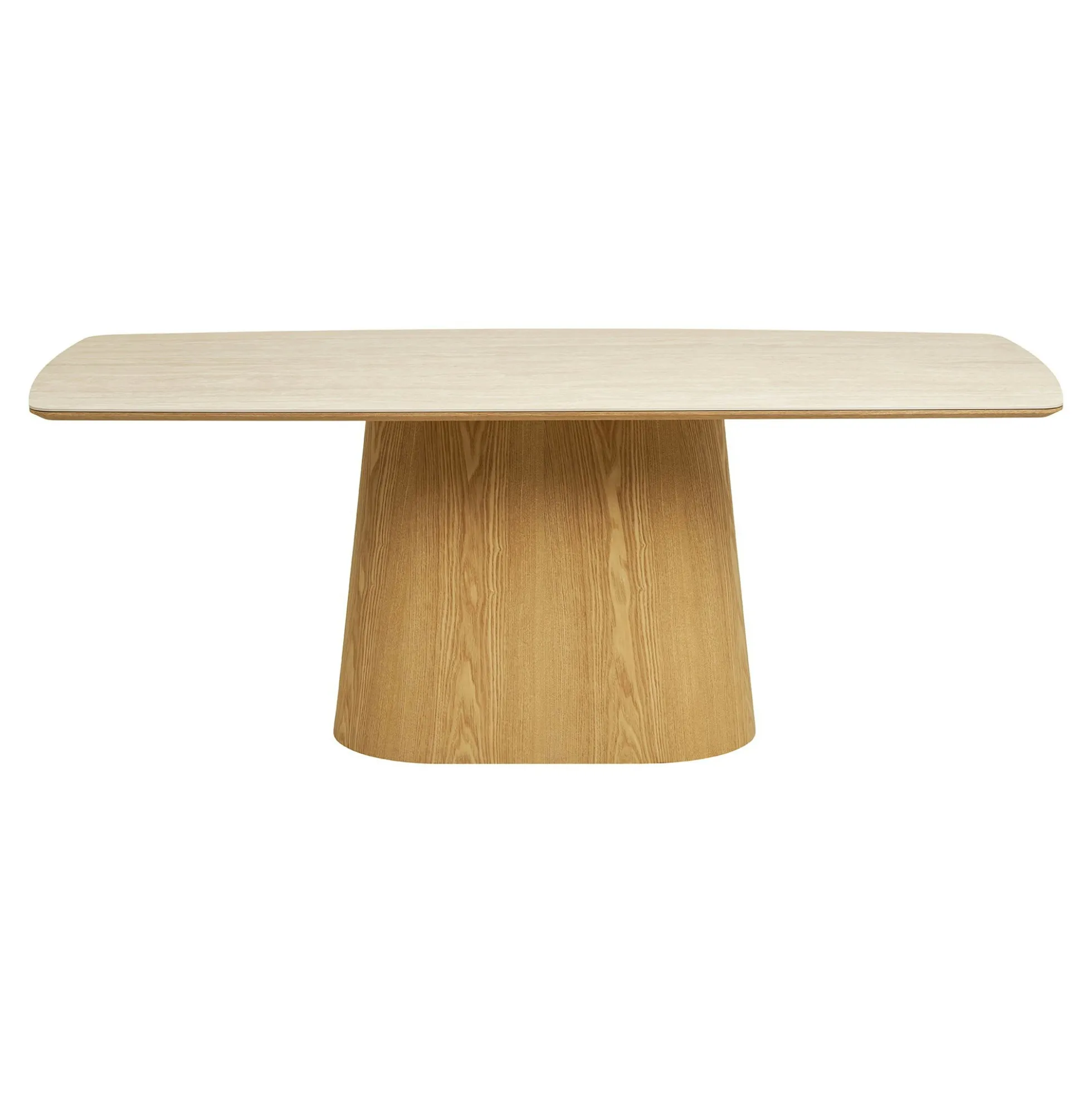 Table à manger plateau céramique aspect travertin 200 cm, pied bois clair PRATO