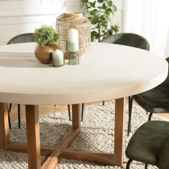 Table à manger ronde béton beige pieds bois croisés DIKA