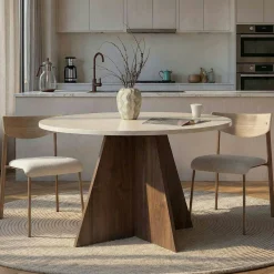 Table à manger ronde décor travertin et noyer Ø120 cm MARFA