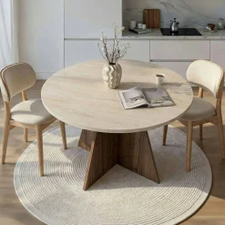 Table à manger ronde décor travertin et noyer Ø120 cm MARFA