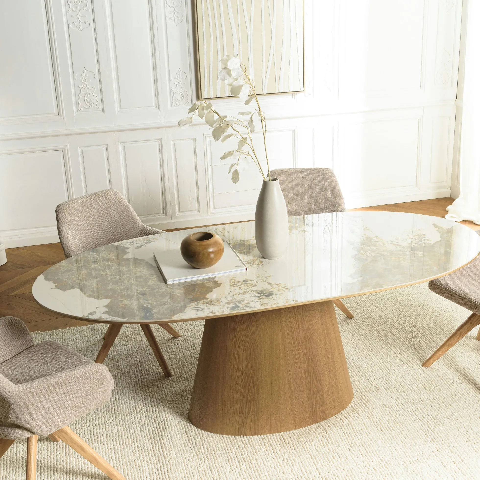 Table à manger 200x90cm plateau céramique pieds bois LINEA