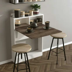 Table murale pliante effet bois foncé avec niches MARFA
