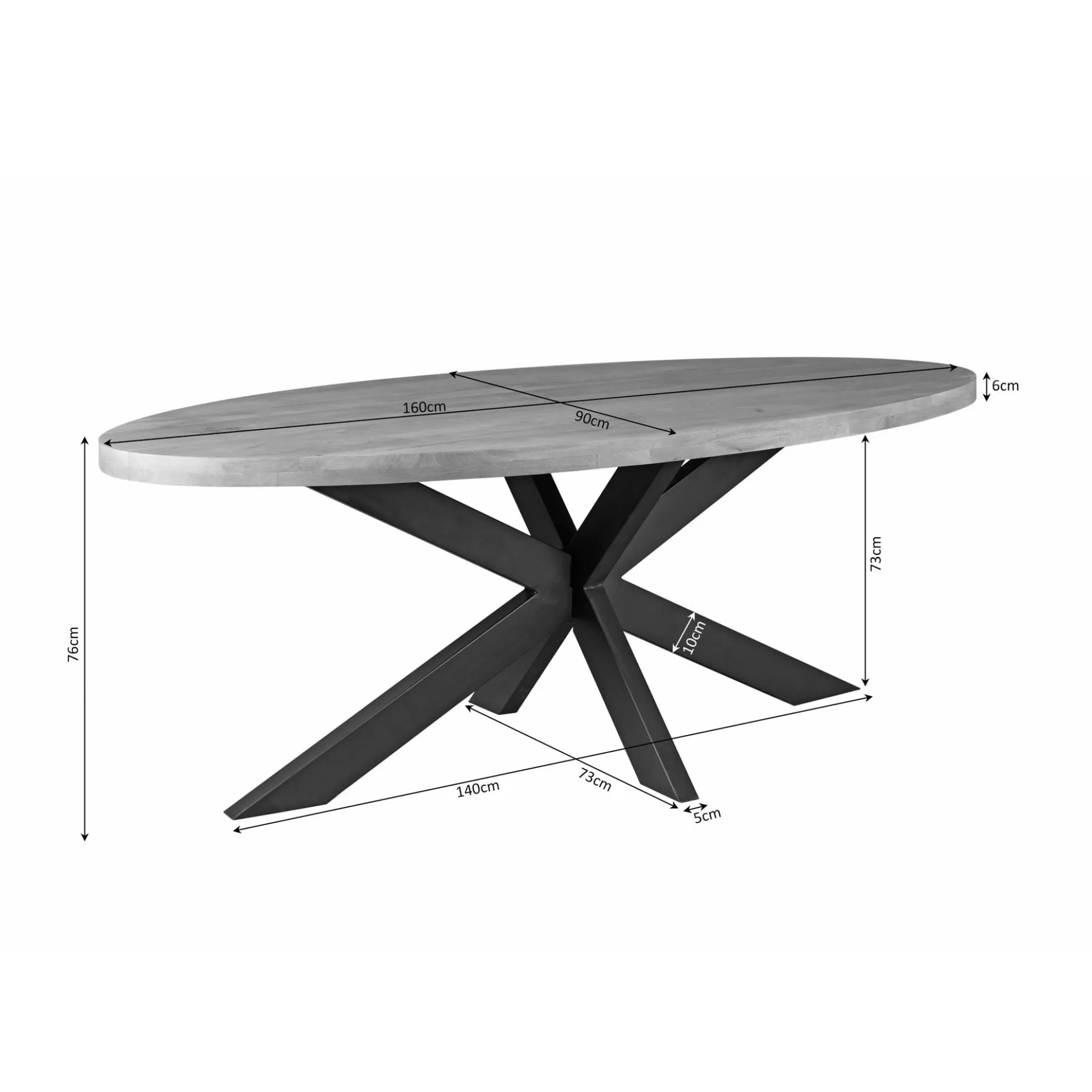 Table ovale bois clair pied croisé métal noir 160 cm RIVANO