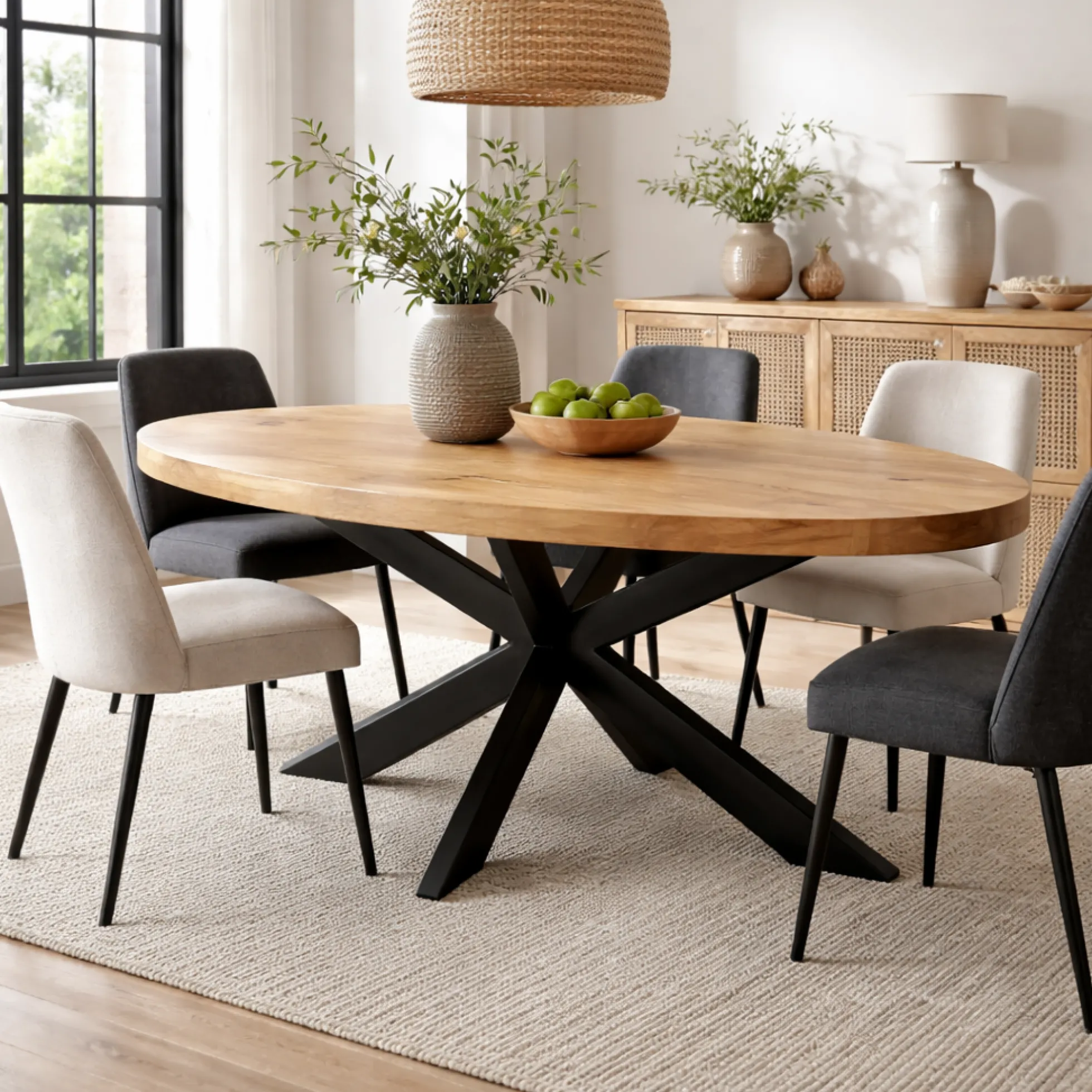 Table ovale bois clair pied croisé métal noir 300 cm RIVANO