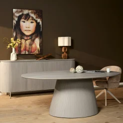 Table ovale bois gris à pied rainuré 240 cm CALERO