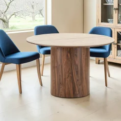 Table repas ronde extensible en céramique aspect travertin 120/160/200 PRATO