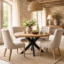 Table ronde bois clair pied croisé métal noir Ø130 cm RIVANO