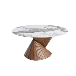 Table ronde céramique pied conique bois marron ⌀160 cm ALDER