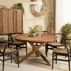 Table ronde en teck massif recyclé 130 cm pied croisé bois SWING