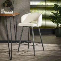 Tabouret de bar en tissu bouclette blanc avec dossier ouvert (lot de 2) GALWAY