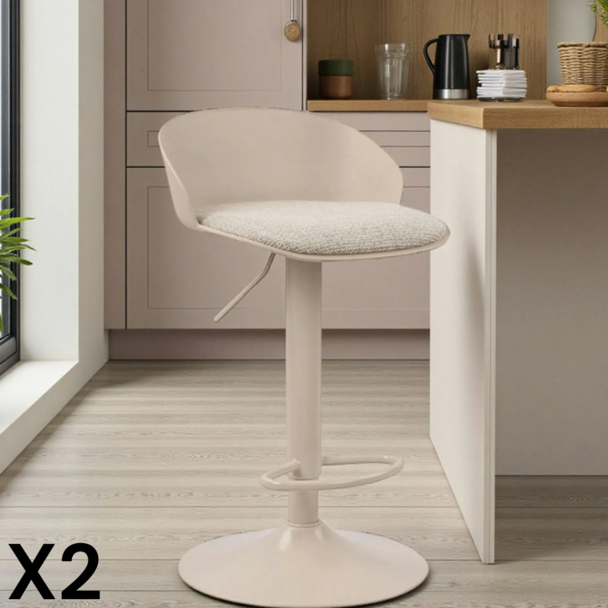 Tabouret de bar réglable métal et tissu beige (lot de 2) LEEDS