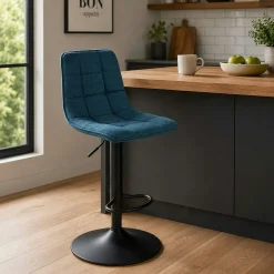 Tabouret de bar réglable tissu bleu damier (lot de 2) LORA