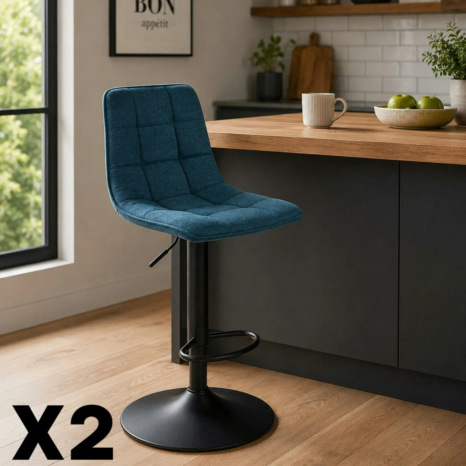 Tabouret de bar réglable tissu bleu damier (lot de 2) LORA