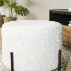 Tabouret de salon rond blanc tissu bouclettes TIM