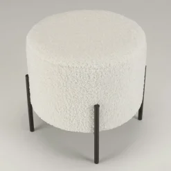 Tabouret de salon rond blanc tissu bouclettes TIM