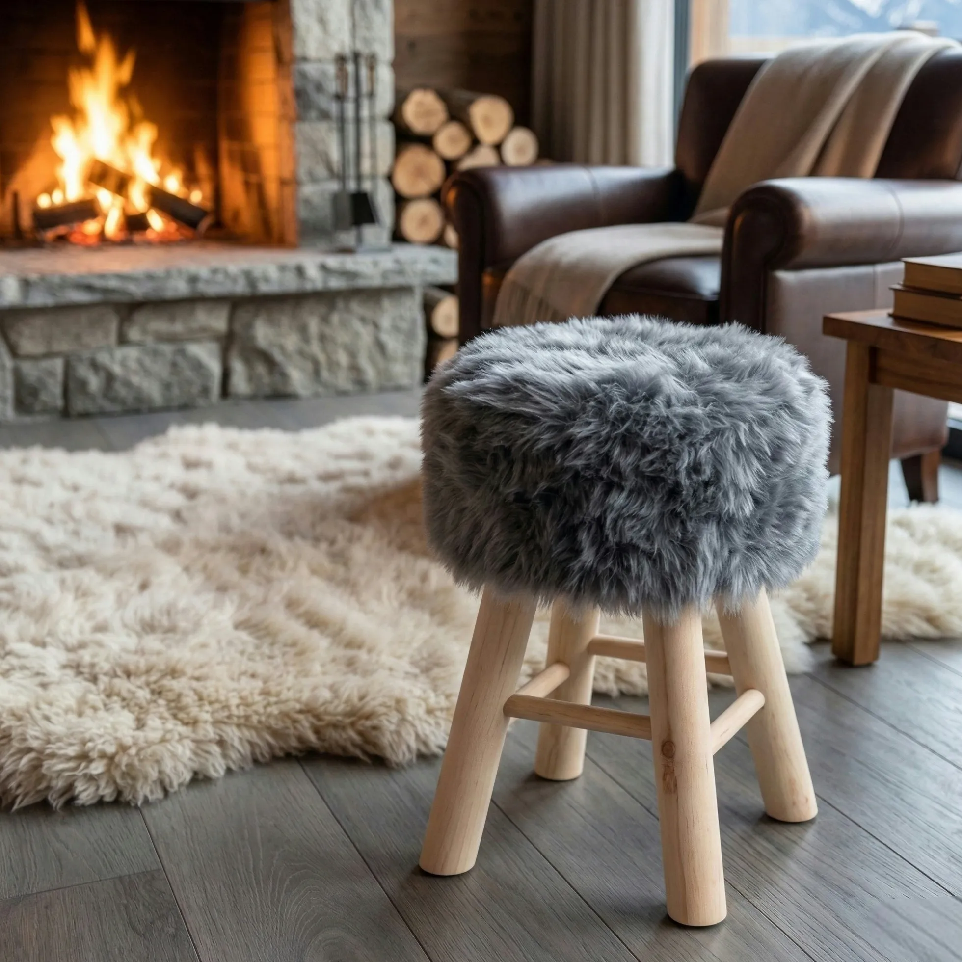 Tabouret fourrure grise synthétique