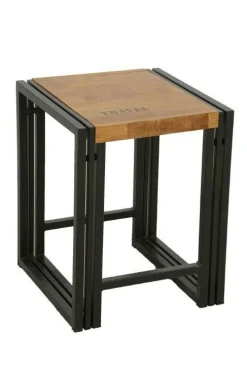 Tabouret hévéa recyclé naturel et métal noirci 36X36X45cm DOCKER