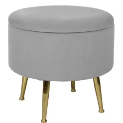 Tabouret pouf rond tissu gris pieds dorés TIM (lotde 2)